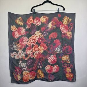 Ellen Tracy Scarf Womens Gray Square Silk Floral Roses Tulips Elegant Vtg 33x32